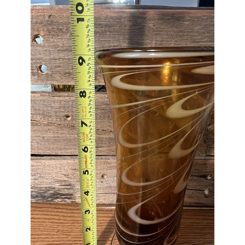 Vintage Hand Blown Brown Amber With White Swirl Footed Glass Vase 9